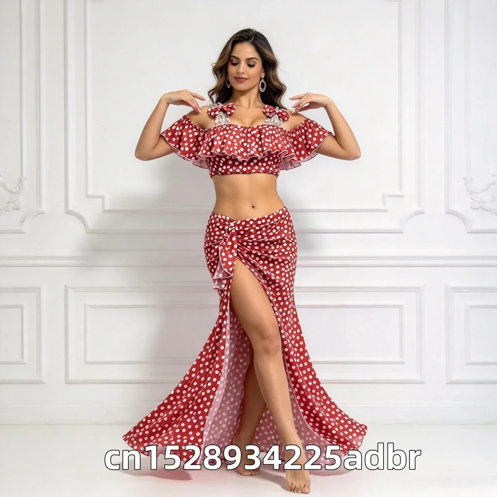 Belly Dance Costumes for Women Customized Exquisite Bow Top+Sexy Long Skirt 2pcs Belly Dancer Professional Practice Clothes