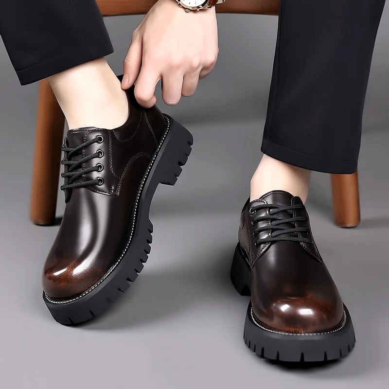 Classic Trends Spring Outdoor Men\'s Leather Shoes Platform Oxfords Male Derby Shoes Casual Mens Lace Up Thick Soled Work Shoes