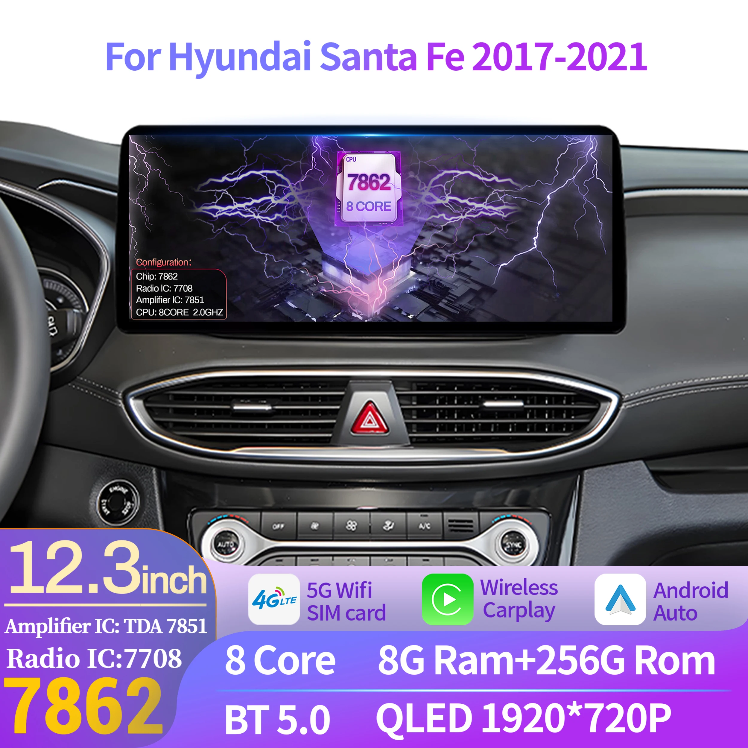 

12.3 inch Android 14 For Hyundai Santa Fe 2017-2021 Car Radio Multimedia Navigation Intelligent Carplay 4G GPS Head Unit Screen