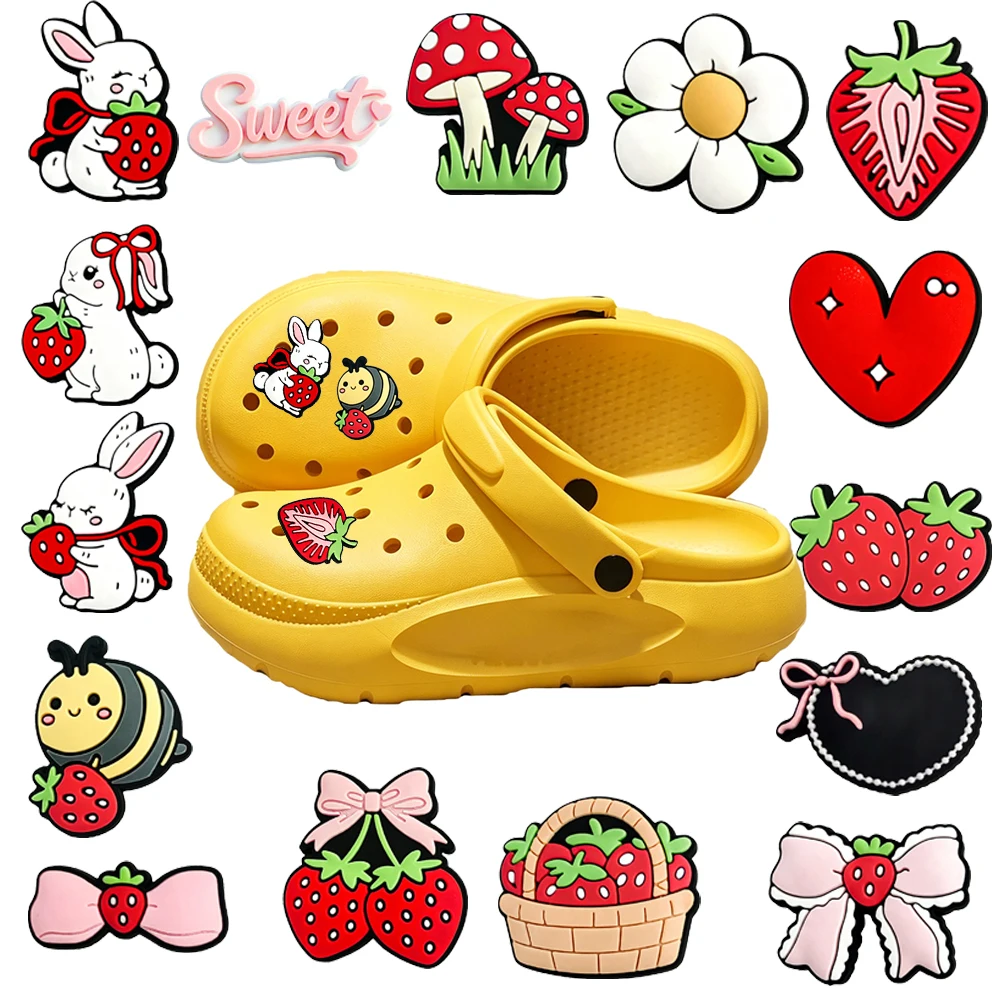 15-100pcs Cartoon Cute Strawberry Rabbit Series PVC Shoe Decoration DIY Detachable Holes Wristband Sandals Accessories Decoratio