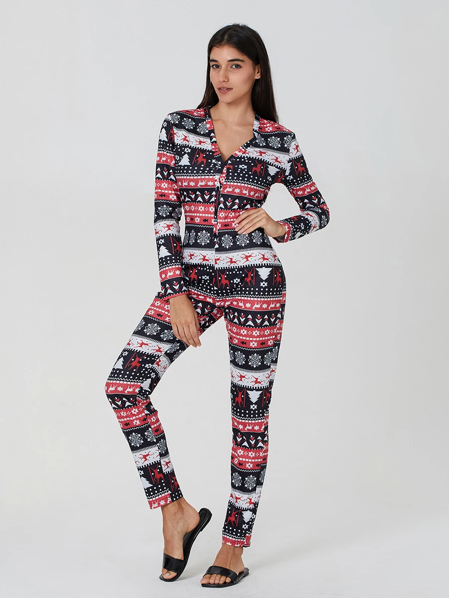 Women Pajamas Jumpsuit Buttons V Neck Long Sleeve Christmas Cartoon Printed  Sleepwear