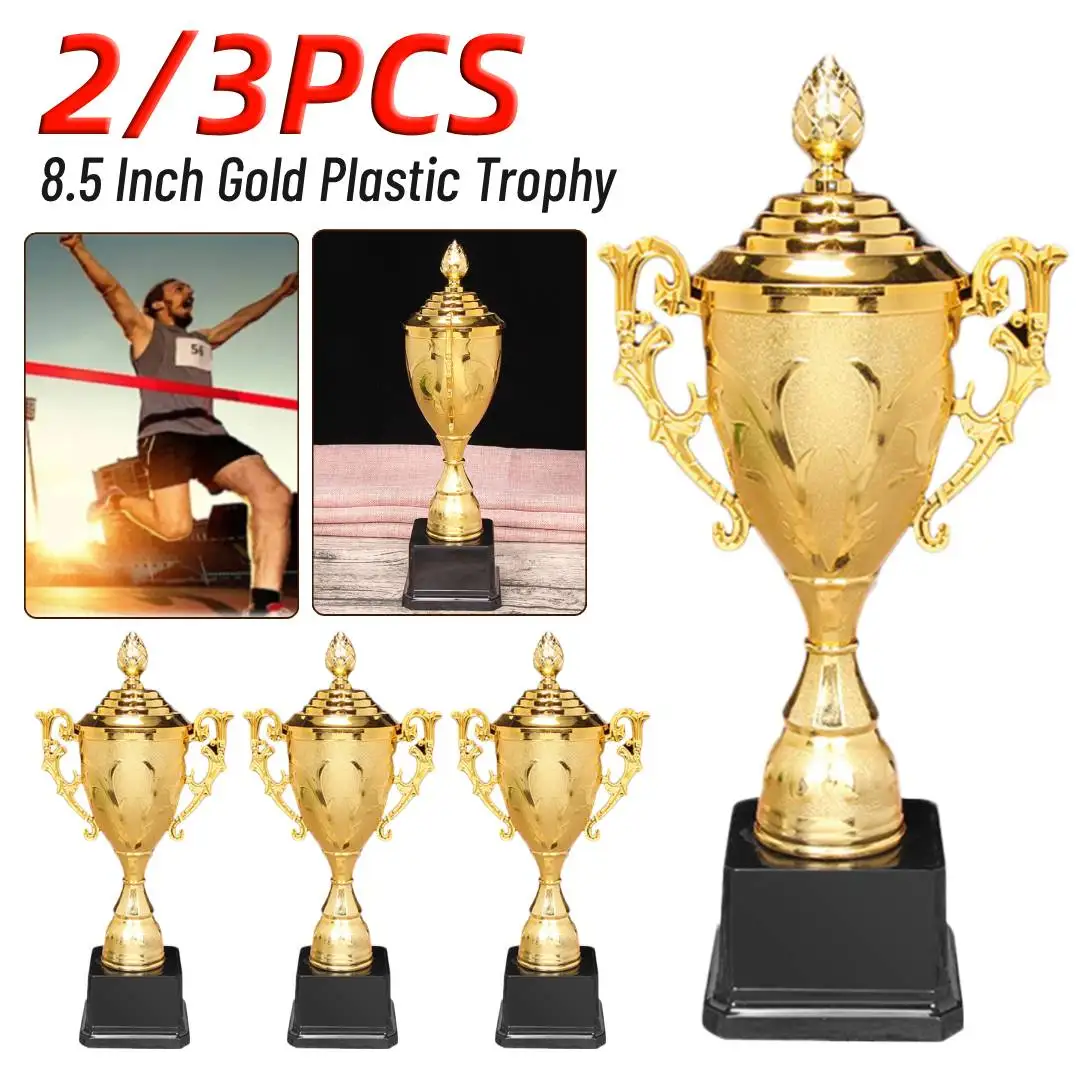2/3PCS Gold Plastic Trophy 8.5 Inch Gold Basketball Football Trophy with Lid School Sport Meeting Competition Medal Winner Award