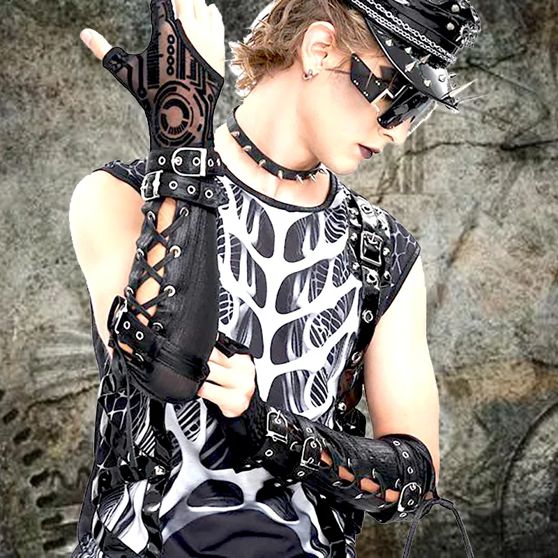 2025 Devil Fashion Gothic Punk Cross Tie Rivet Strap Men's Arm Cover, Men's gloves Neutral arm sleeves