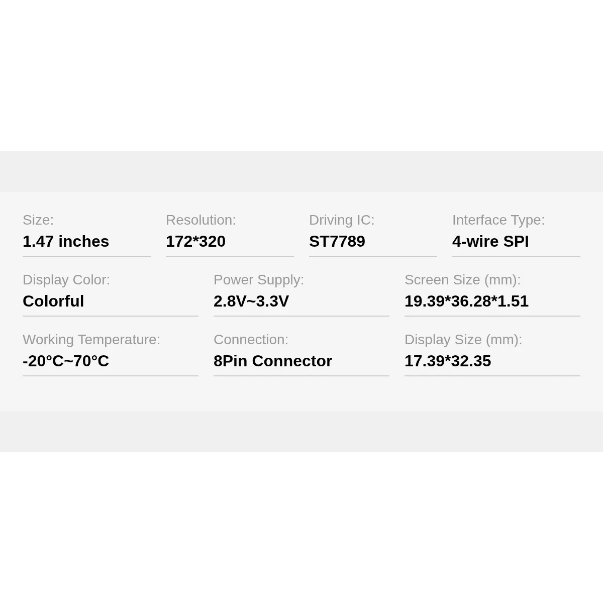 1.47 Inch TFT LCD Display Module ST7789 172*320 8Pin 4-Wire SPI Color Screen 2.8V-3.3V for Arduino Embedded Project M111