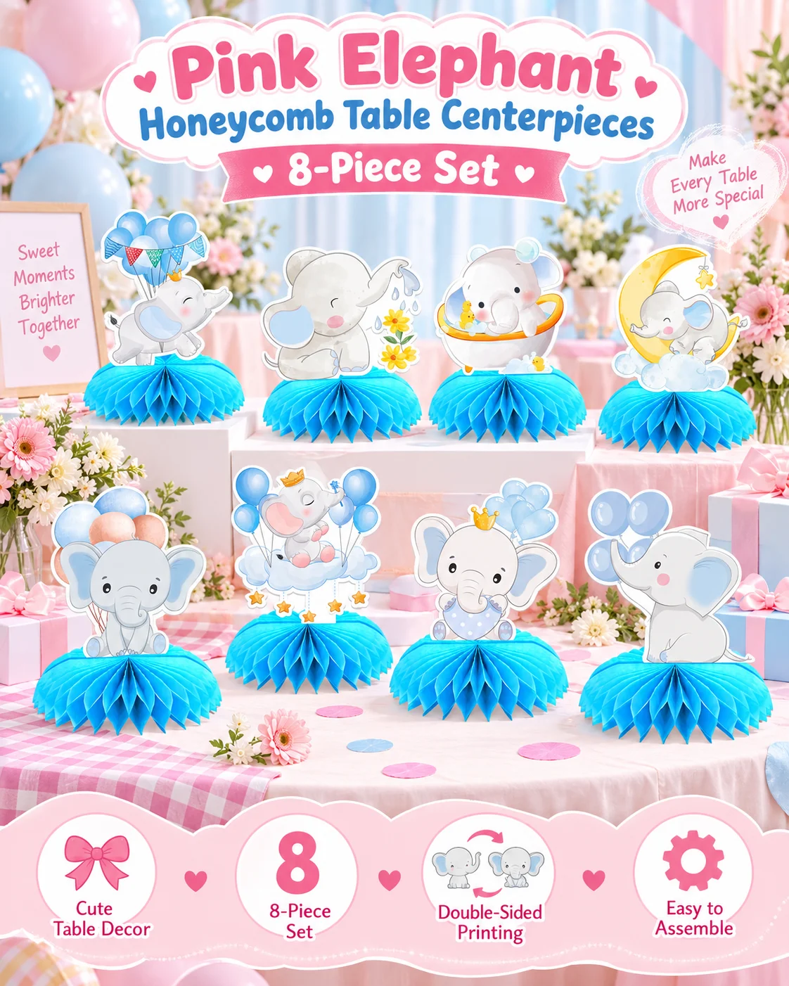 8 Stück Blaue Elefanten Waben-Tischdekoration 3D Tier Party DIY Dekorationen für Geburtstag Babyparty Partyzubehör – Detail 1