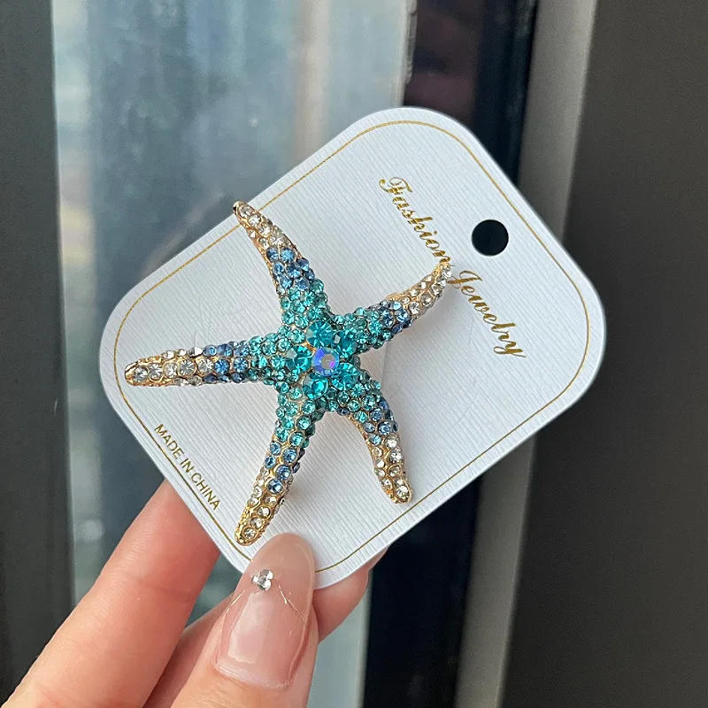 Bling Large Starfish Brooches for Women Full Rhinestone Blue Animal Sea Star Pin Bijoux Fashion Charm Clothes Jewelry Accessorie