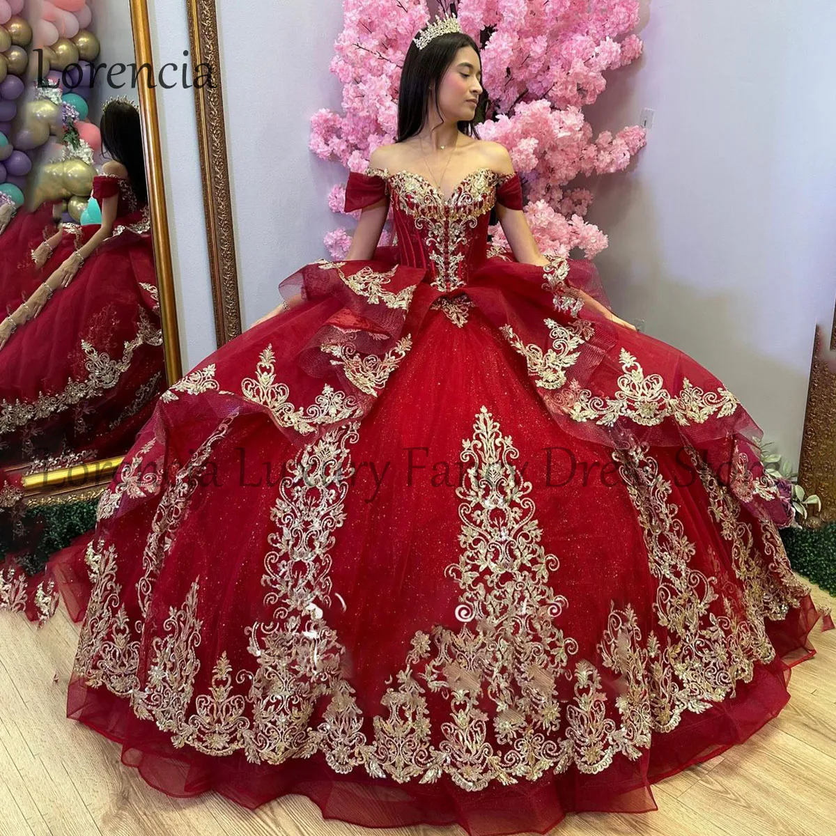 Vestido De quinceañera rojo mexicano, vestido De baile dulce 16, apliques De flores 3D, sin hombros, sin mangas, Formal, 2024