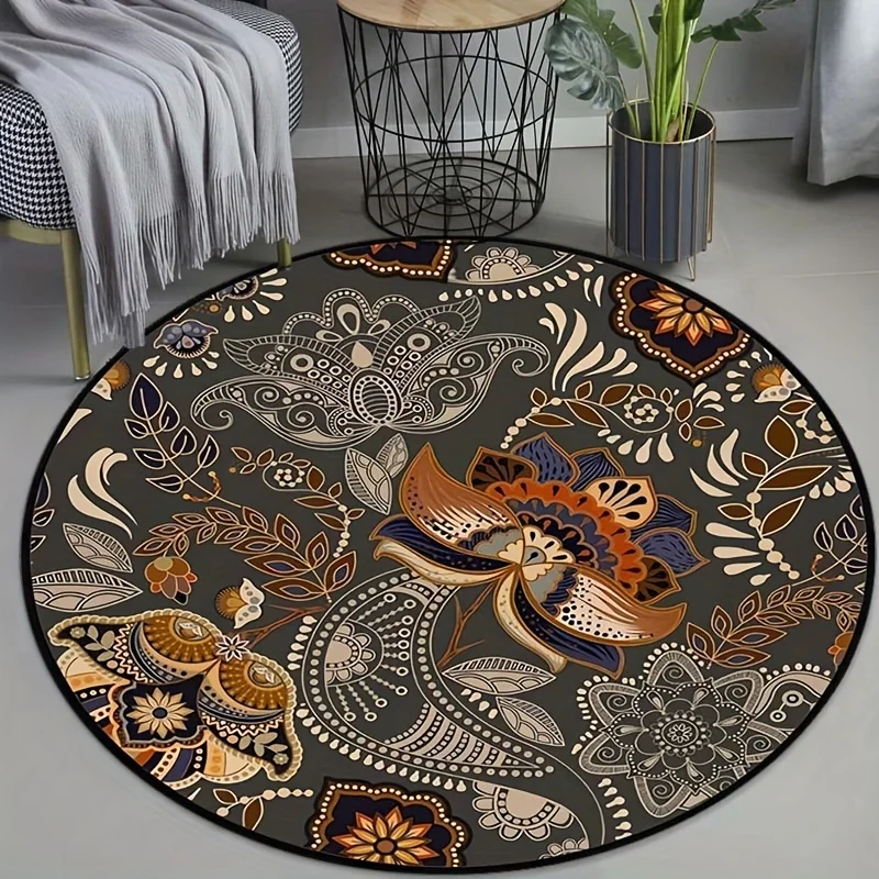

Dark Grey Base Paisley Floral Vintage Round Rug, Ethnic Boho Floor Mat for Bedroom Living Room Sofa Side Entryway Indoor Home
