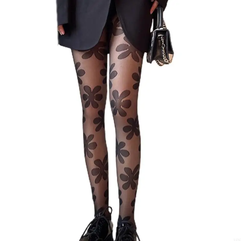 L5YC Women Goth Punk Black Pantyhose Harajuku Big Flower Patterned Sheer Tights Jacquard Sexy See-Through Leggings