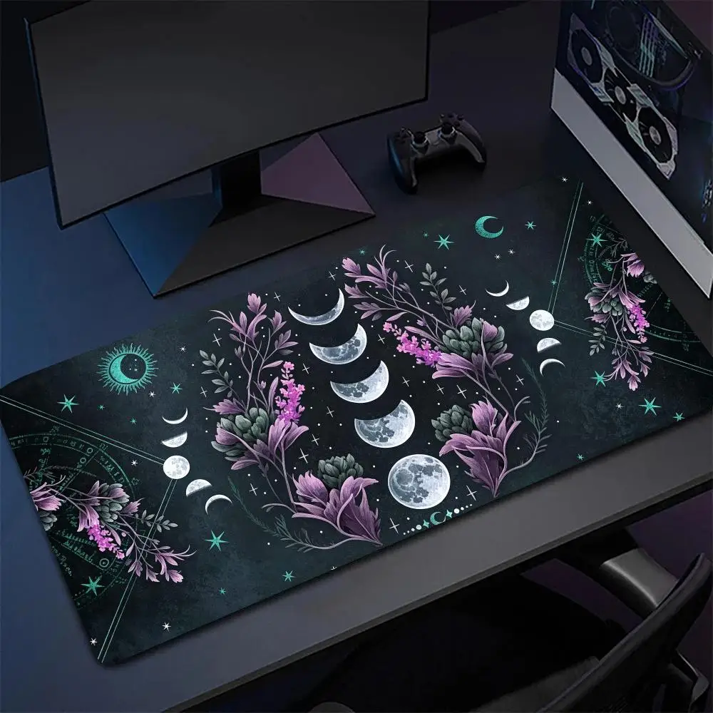 Moon Phase Floral Mousepad Stitched Edges Smooth Glide Keyboard Mat For Mystic Game Room Decor