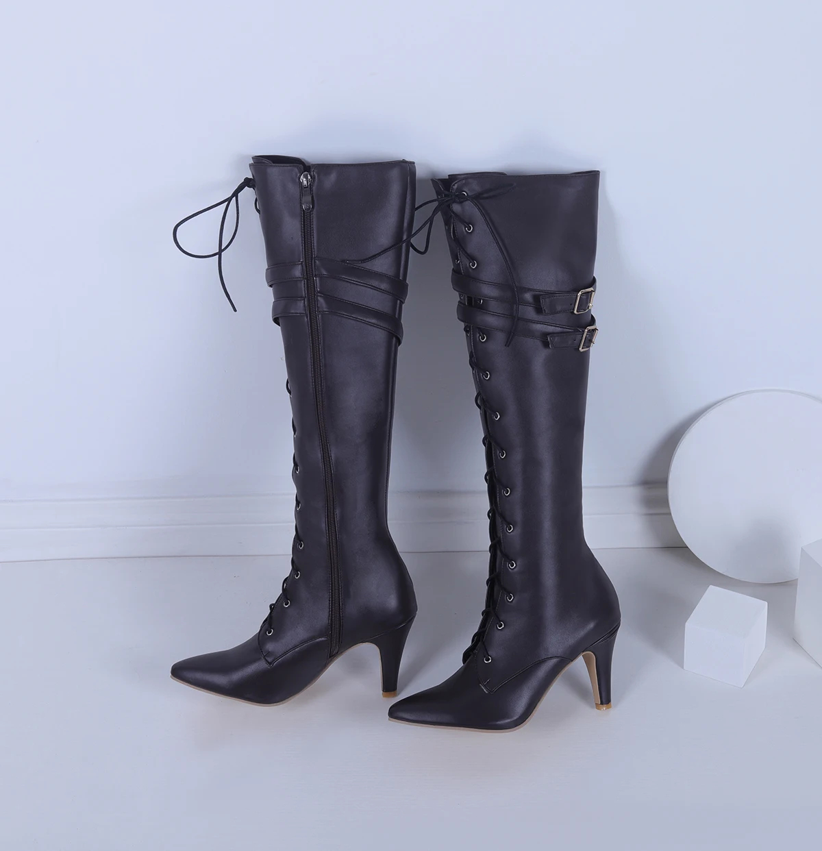 Mittellange Stiefel für Damen, 2026 Frühling und Herbst Neue Schnürstiefel, Damen Spitze Stiletto High Heels, Designer Luxus Übergrößen Größe 47, Direktverkauf vom Hersteller – Detail 22