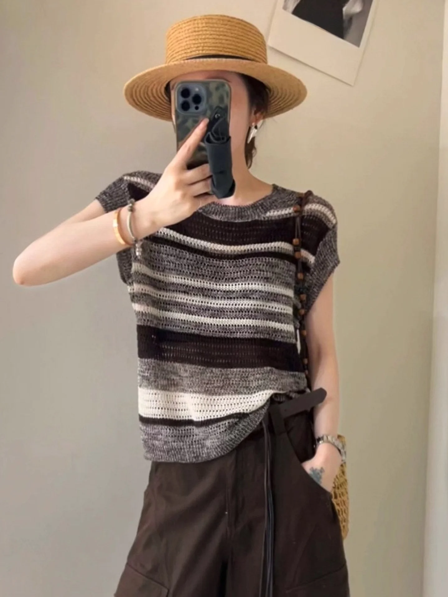 

Корейский круглый трикотажный топ, летний новый винтажный полосатый утягивающий топ High End Feelings ort Sve, топ на голову, женский...