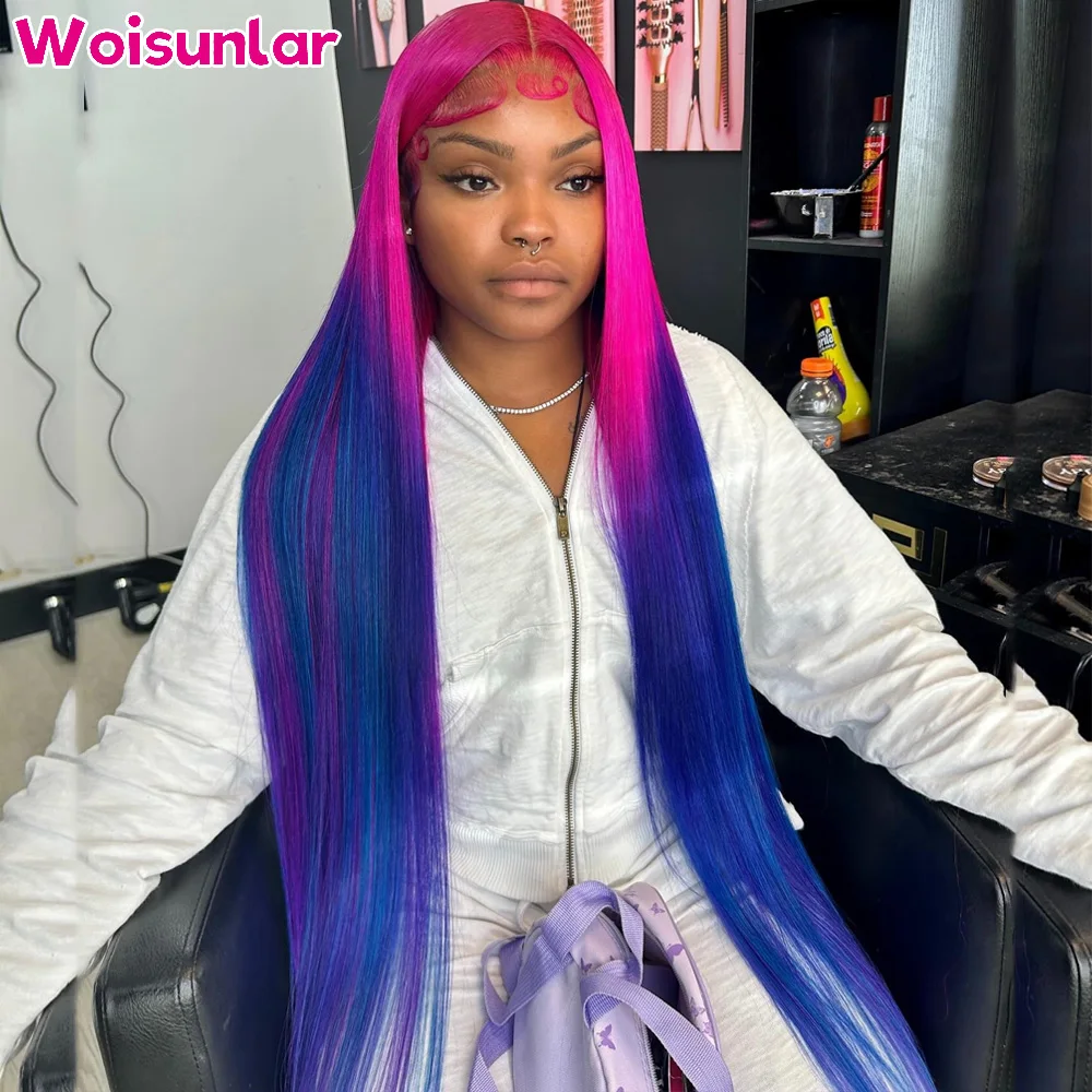 

36 inches Ombre Dark pink and Blue Front Lace wigs human hair 13x4 Transparent Lace Straight 200% Black Women Human hair wigs