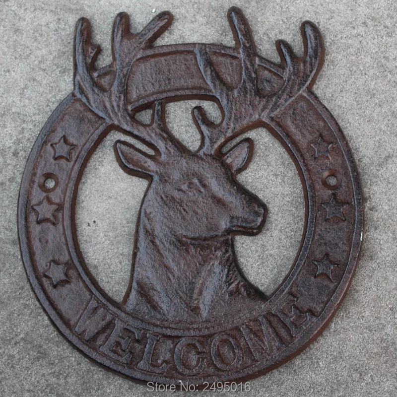 Antique Style Cast Iron Deer WELCOME Plaque - Rustic Garden Wall Decor and Sign