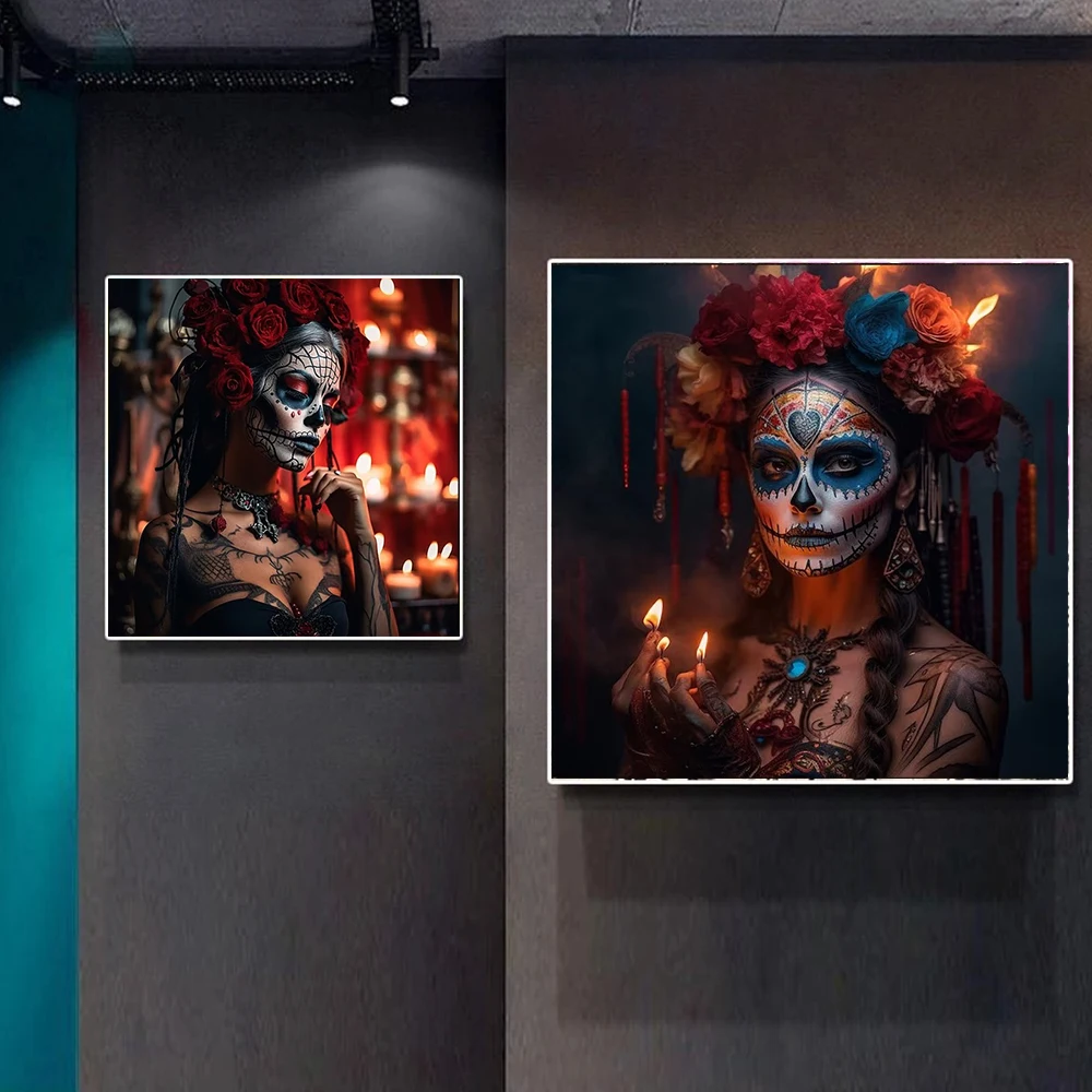 

Dark Academia Art Sugar Skull Poster Prints For Living Room Home Decor Gothic Flower Candle Skull Witch Canvas Painting Wall Art