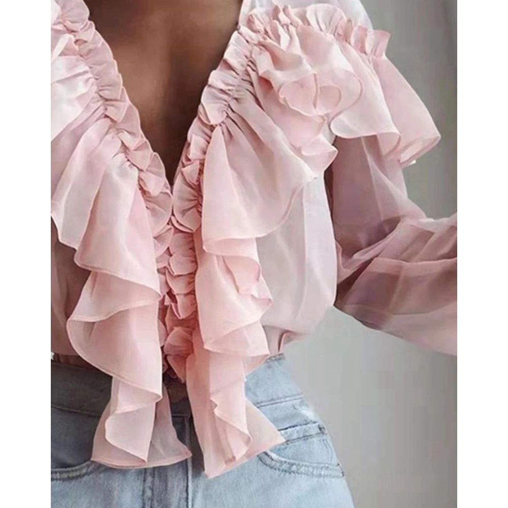 Elegant Women Contrast Ruffles Deep V Neck Long Sleeve Casual Blouse Top Spring Blouse Top Fashion Outwear Fall Clothing