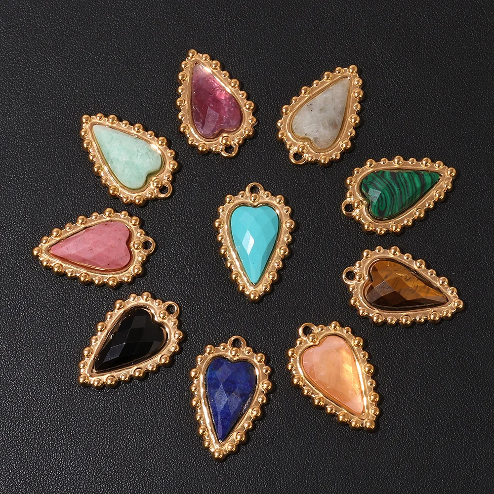 1PC Stainless Steel Bezel Heart Natural Stone Pendant Faceted lapis lazuli Malachite Charms for Jewelry Making DIY Accessries