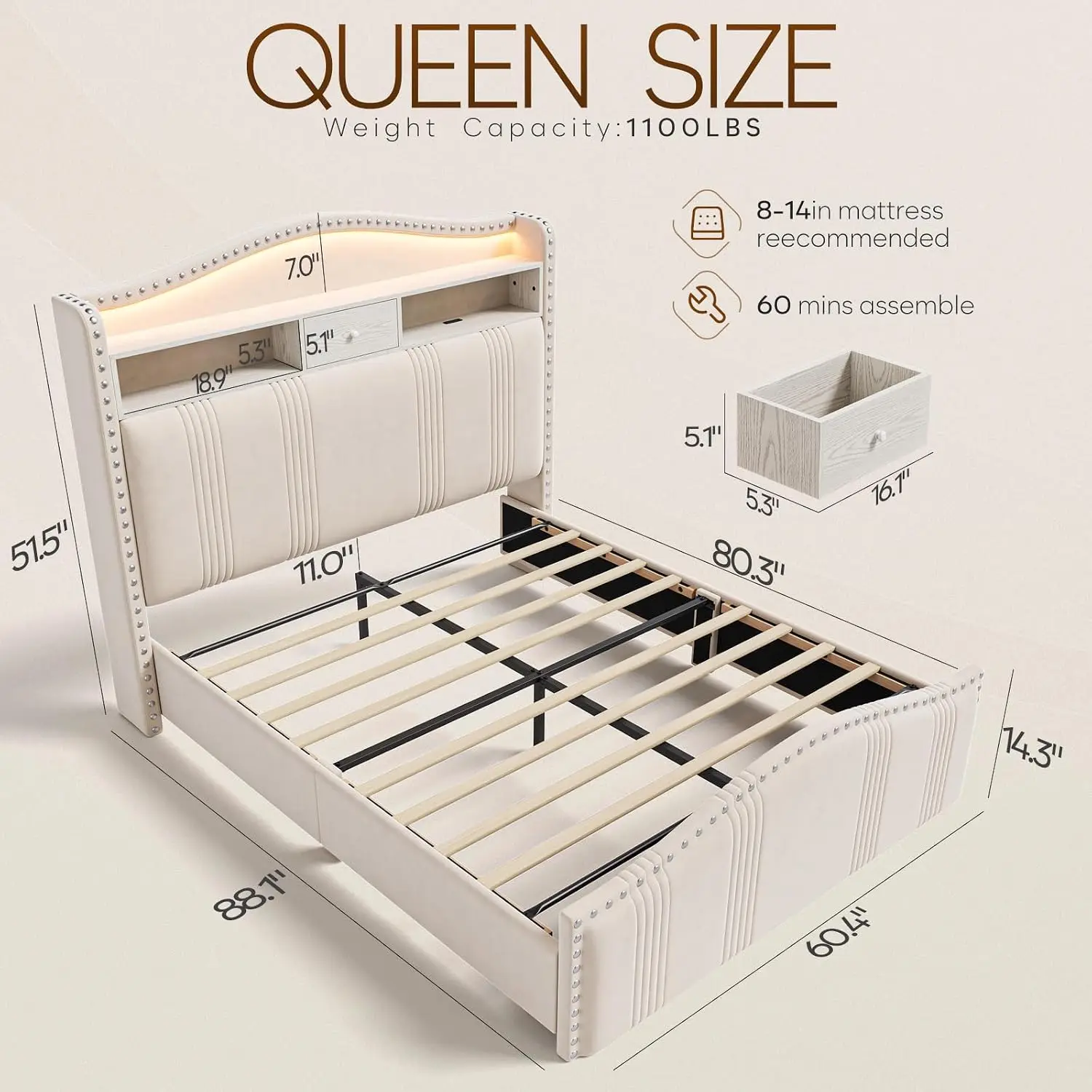 Tall Headboard and Storage Velvet UpholsteredBeD FramewithLEDLights&Charging Station | No Box Spring Needed Tall Footboard White