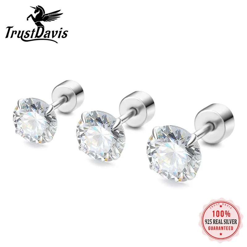 TrustDavis Authentic 925 Sterling Man/Women Fashion Zircon Screw Stud Earrings for Sterling Silver Jewelry DS3508