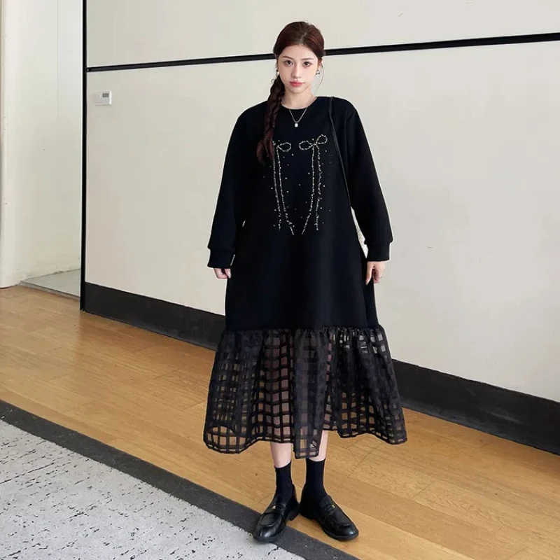 Autumn Winter Women's T-Shirt Dresses for 2024 New Loose Diamond Patchowrk Mesh Plaid Hoodies Dress Long Sleeve Female Robe KE53