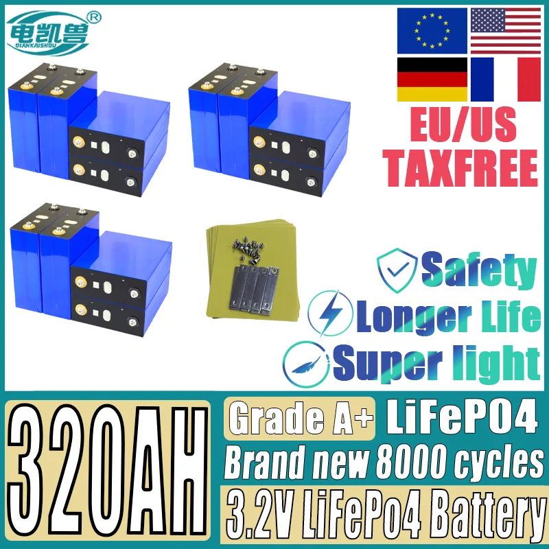 

Новая аккумуляторная батарея 320AH Lifepo4 3,2 В 3C высокой мощности для DIY 12 В 24 В 48 В 8000 циклов A-класса на солнечной батарее для кемпинга, гольфа, беспошлинная торговля