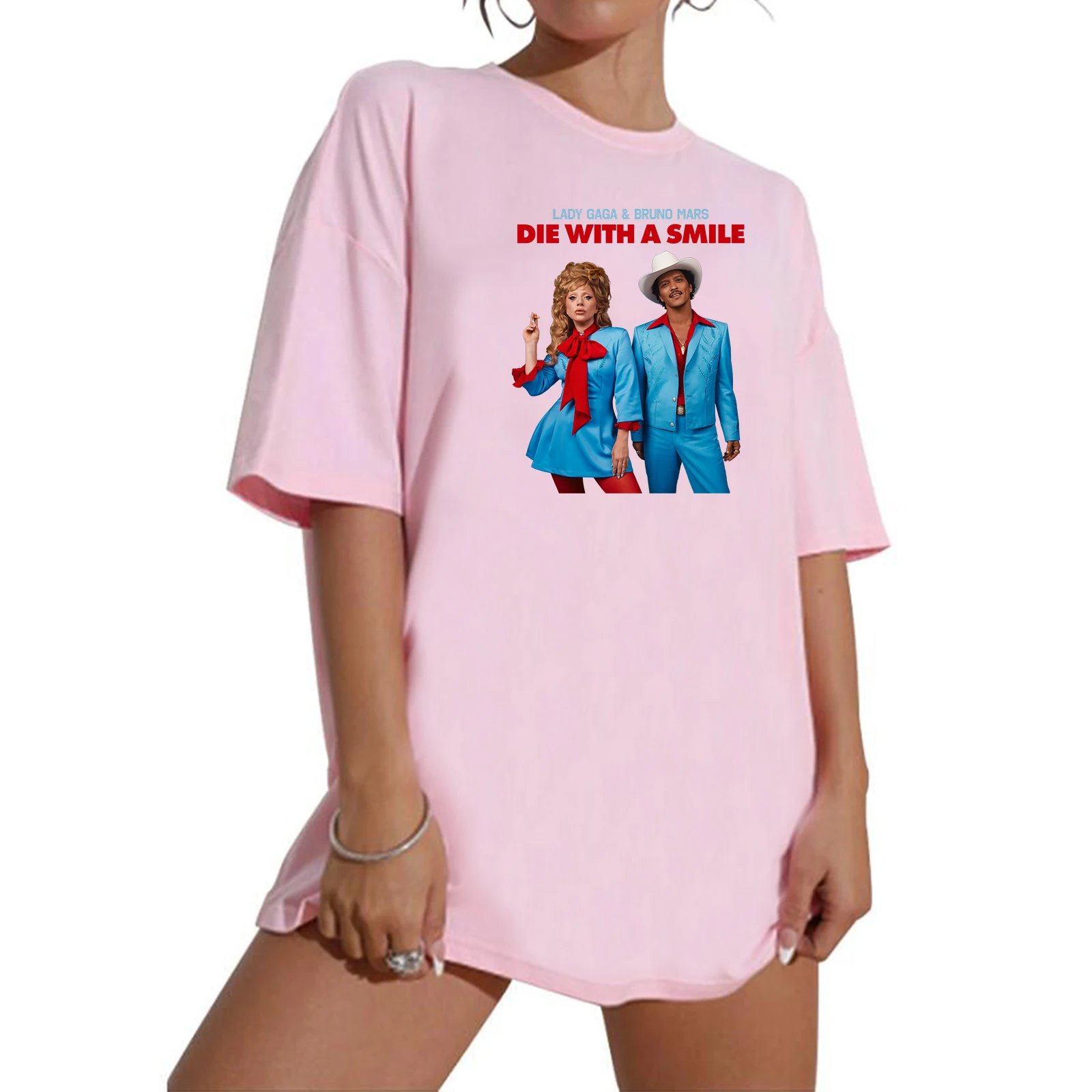 Camiseta extragrande de manga corta con cuello redondo para mujer, camisas de gran tamaño A la moda, Gaga Bruno Mars Die With A Smile