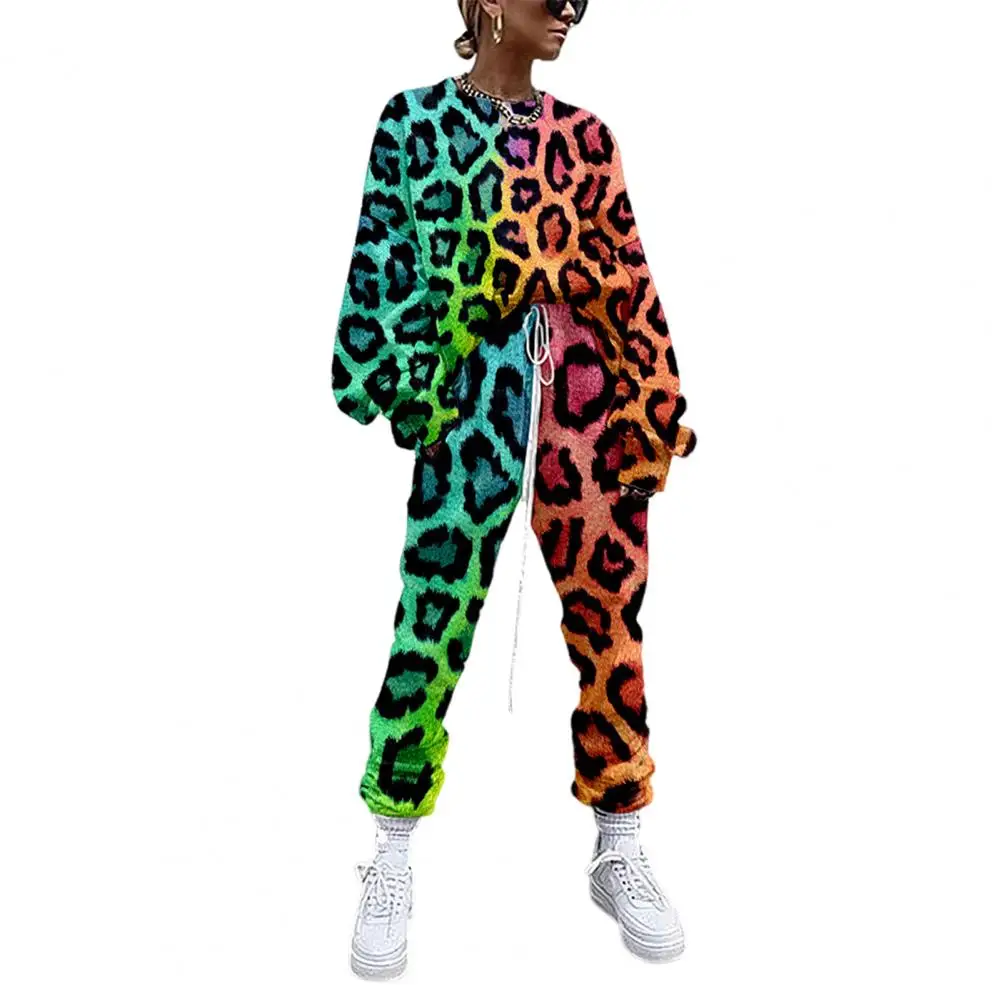 2Pcs/Set Stylish Women Tracksuit Washable Women Top Pants Leopard Relaxed Fit 3D Digital Print Outfit Tracksuit Streetwear