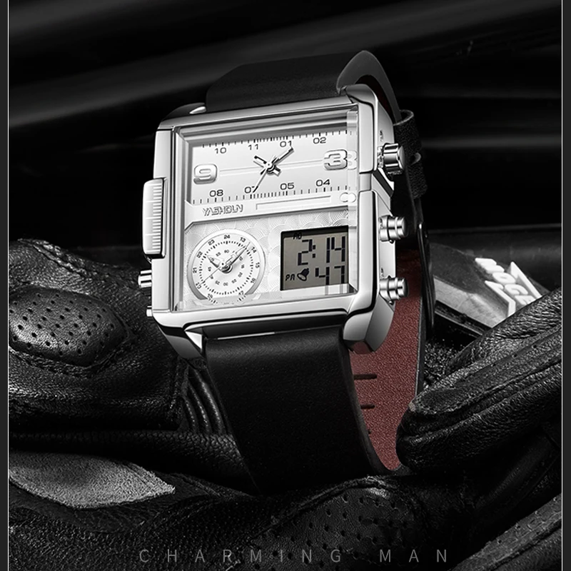 

YASHIDUN модные мужские часы с большим циферблатом, многофункциональные квадратные кожаные часы, цифровые спортивные кварцевые наручные часы для мужчин, секундомер