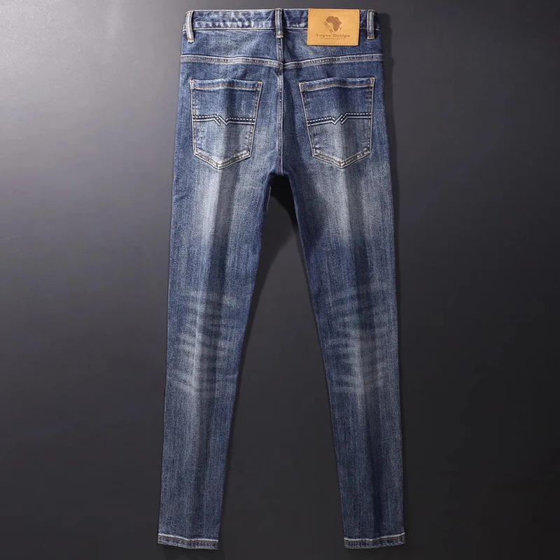 Fashion Designer Men Jeans High Quality Retro Washed Blue Elastic Slim Fit Vintage Jeans Men Embroidery Casual Denim Pants Homme
