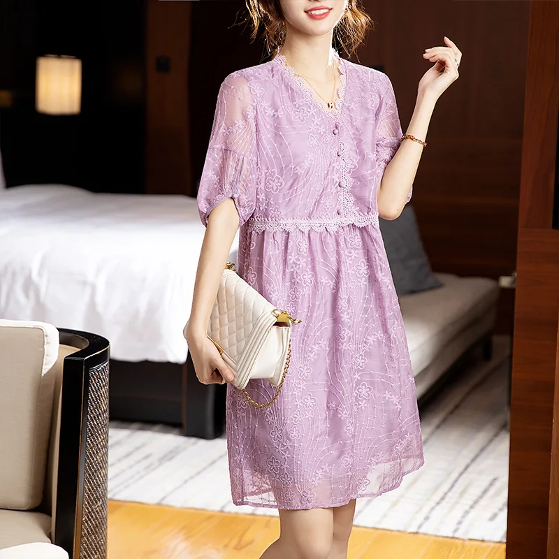 

Summer Lace Embroidery V-neck Dress, Plus Size Women's Short Sleeve H-line Loose Dress