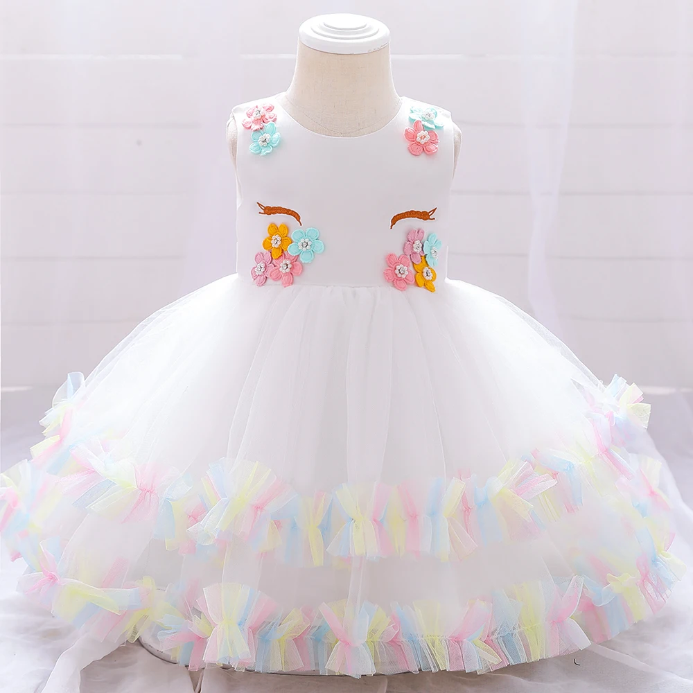 Colorful Unicorn Baby Girls 1st Birthday Dress Flower Tulle Baptism Kids Dresses For Girl Wedding Toddler Infant Party Prom Gown