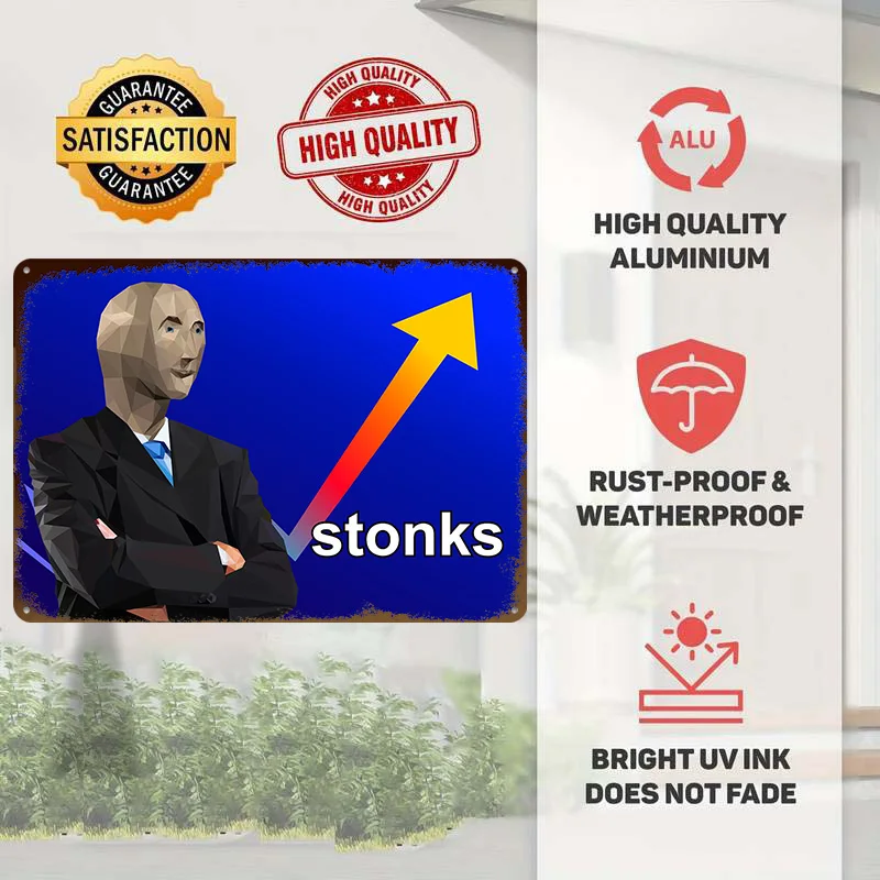 Stonks Meme Metal Poster Customized Wall Art Retro Vintage Metal Signs for Man Cave Home Decor Living Room Interior Accessories