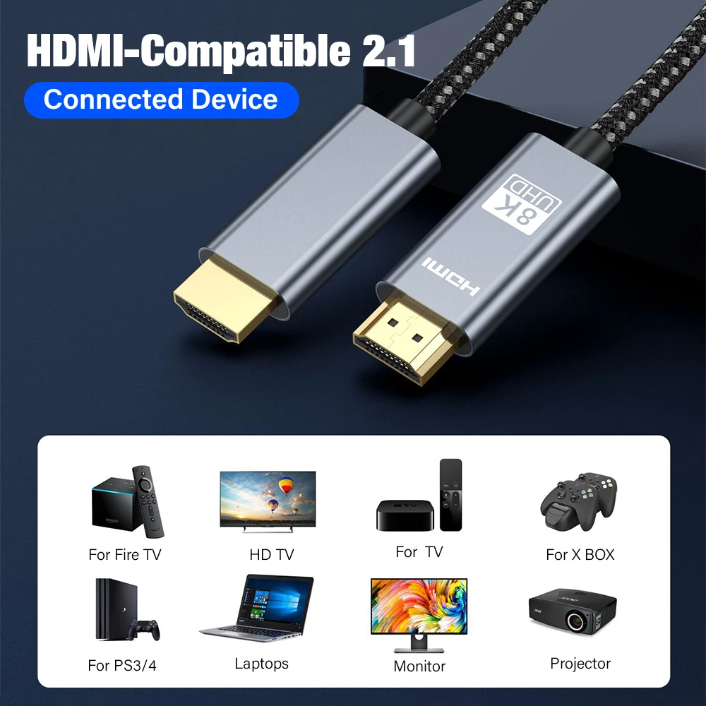 Ultra High Speed 8K HDMI Cable HDMI 2.1 Cord 8K 60Hz 4K 120Hz HDR 3D Braided for HD TV Laptop Projector PS4 PS5 PC Long 1m 3m 5m