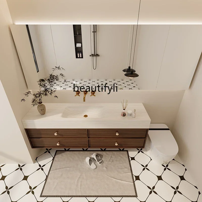

Y13 Customized bathroom cabinet, medieval rock slab seamless hot bending integrated table, wash basin and wash cabinet combinati