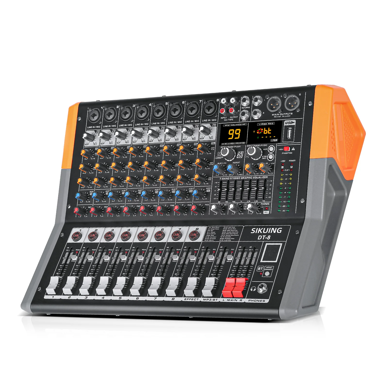 600W*2 8-Channel Powered Mixer with 99 DSP & Bluetooth 7-band EQ precise control USB streaming & recording,for stage studio