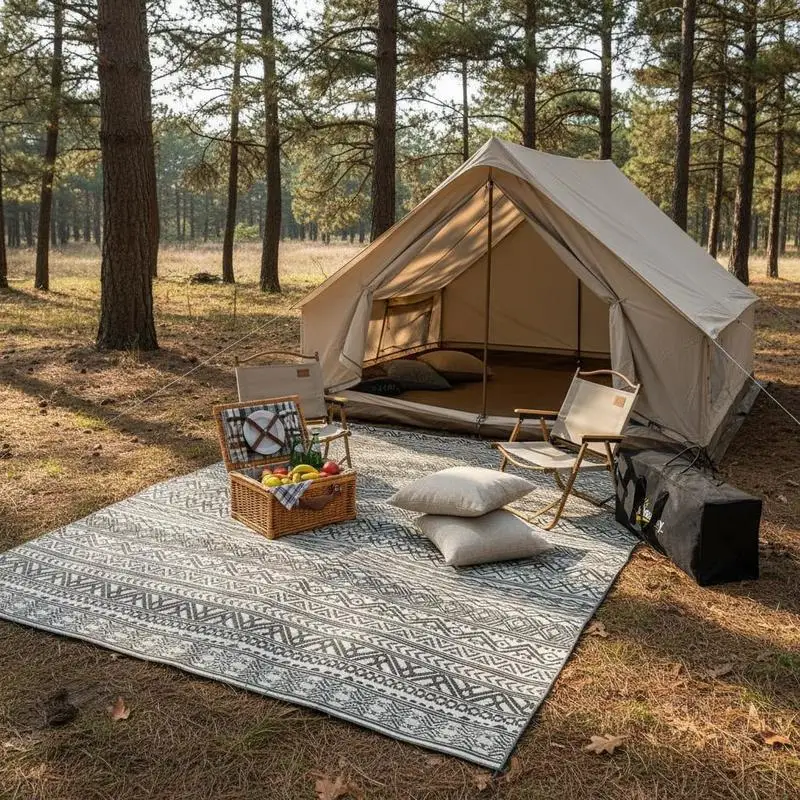 

9ft x 12ft Reversible Waterproof Outdoor Rug for Camping & Patio Picnic in Gray & Cream White Boho