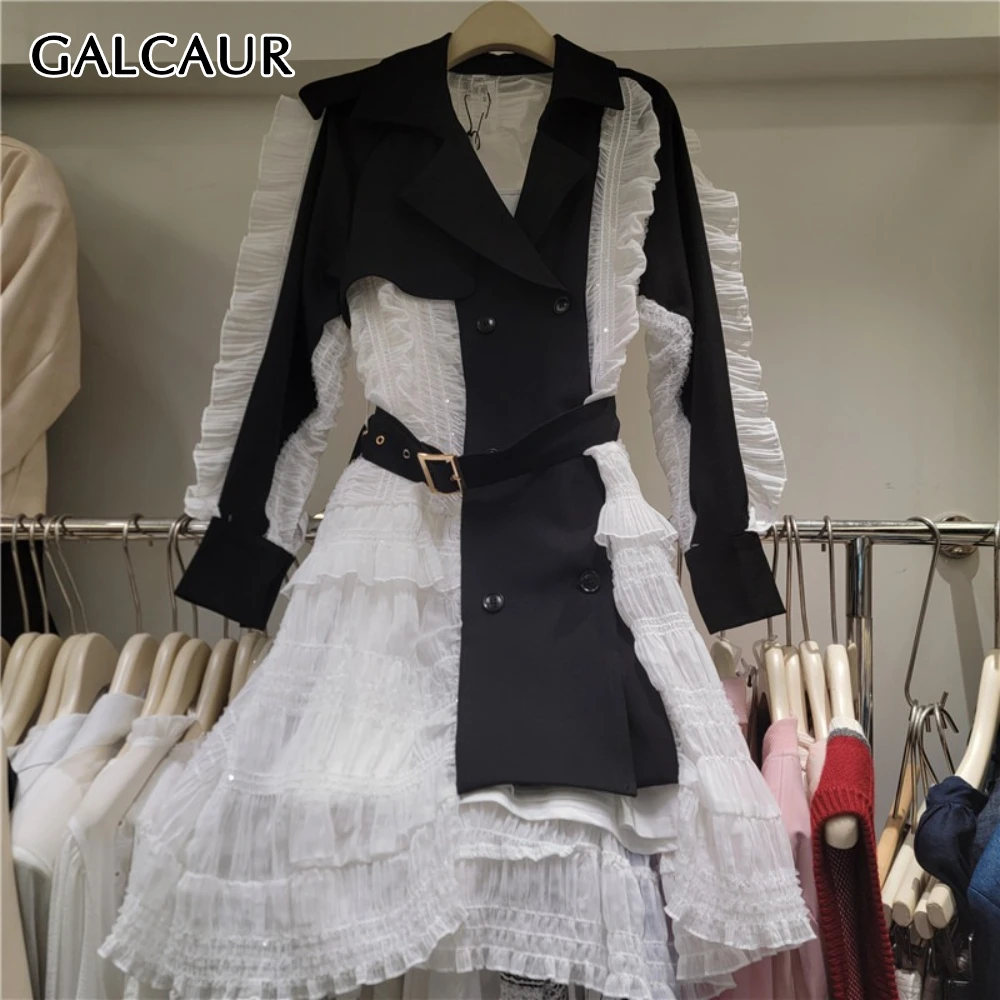 

GALCAUR Black Spliced Ruffles Chic Dress Female Lapel Long Sleeve Loose Irregular Temperament Women's Dresses Fashion Autumn New