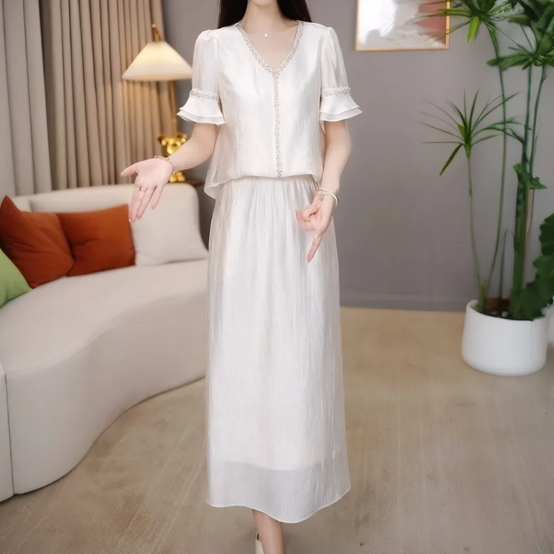 

New New Elegant Office Lady Women's Two Piece Set Ruffle Edge Short Sleeve V-neck Blouse Top + A-line Midi Skirt Fashion Outfit