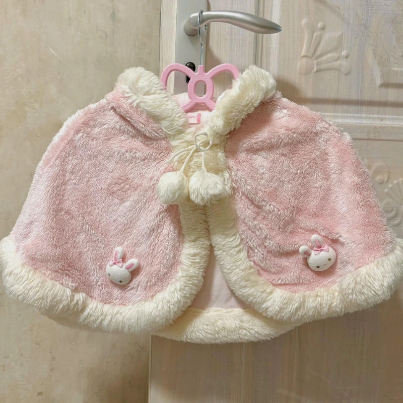 Y2k Aesthetic Lolita Short Shawl Coat Women Harajuku Autumn Winter Plush Bow Bunny Ear Hooded Cloak Sweet Kawaii Grunge JK Capes