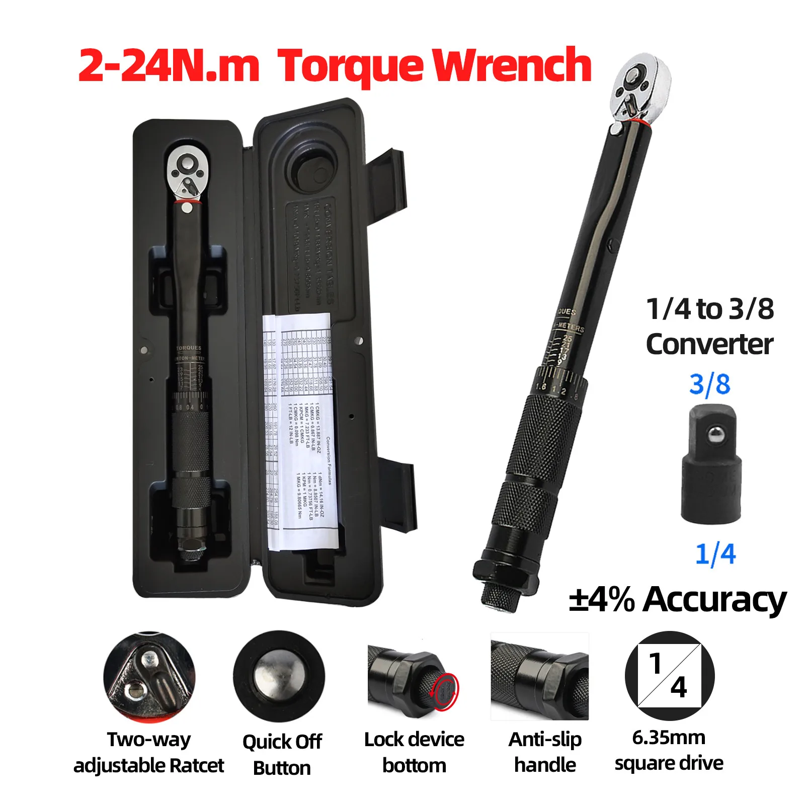 

1/4 Bicycle Torque Wrench 2-24Nm Ratchet Preset Torque Spanner Automotive Mechanical Garage Tools For Bike Hex Adapter Key Set