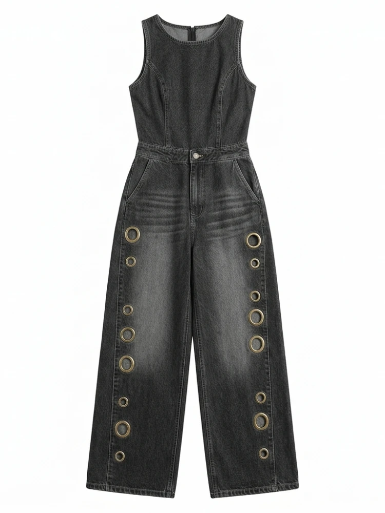 

Freeacy Women's Trendy Denim Jumpsuit Sleeveless Round Neck Eyelet Wide Leg Jumpsuit with Pockets for Holiday & Clubwear