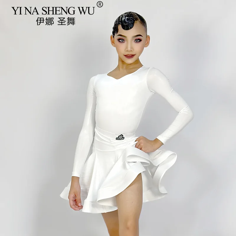 Nuovo vestito da ballo latino per ragazze in pelle brillante a maniche lunghe diviso Set per bambini Costume da ballo latino professionale Cha-cha