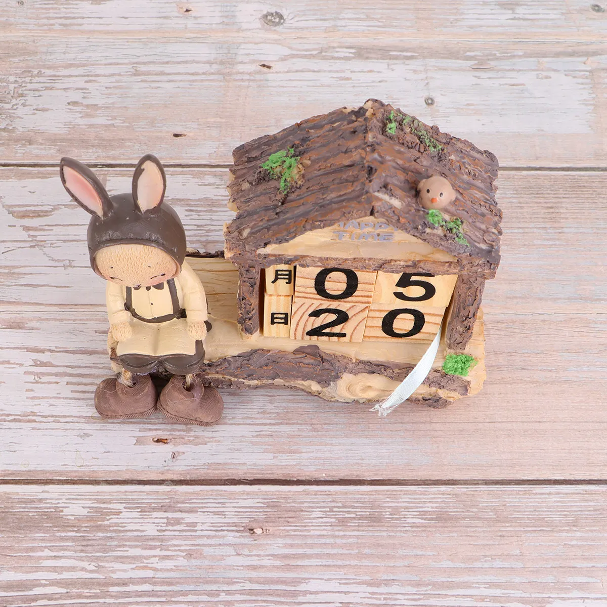

Rabbit Girl Wooden Perpetual Calendar Desktop Decoration House Shape Reusable Year Round Wooden Block Calendar for Office Home