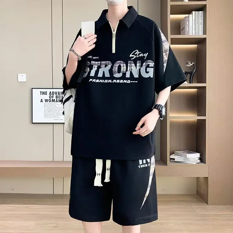 S-6XL Summer Loose Men\'s Tracksuit Japan Casual Sports Suit Breathable T-shirts Shorts 2 Piece Set High Street Men\'s Clothing