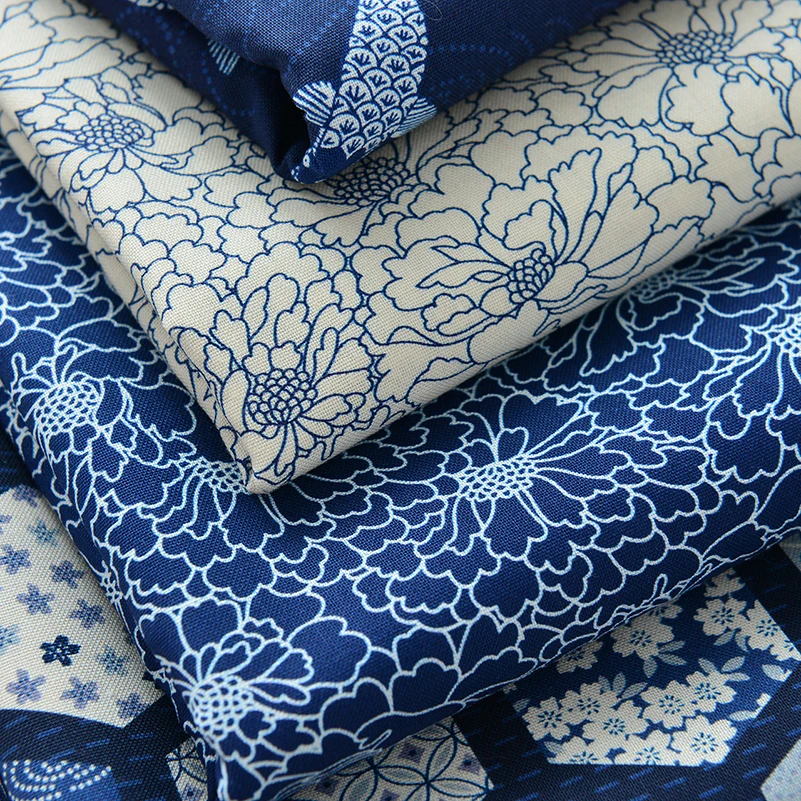 Navy Fabric Pure Cotton Handmade DIY Blue Bottom Chinese Style Fish Flower for Sewing Patchwork per Half Meter