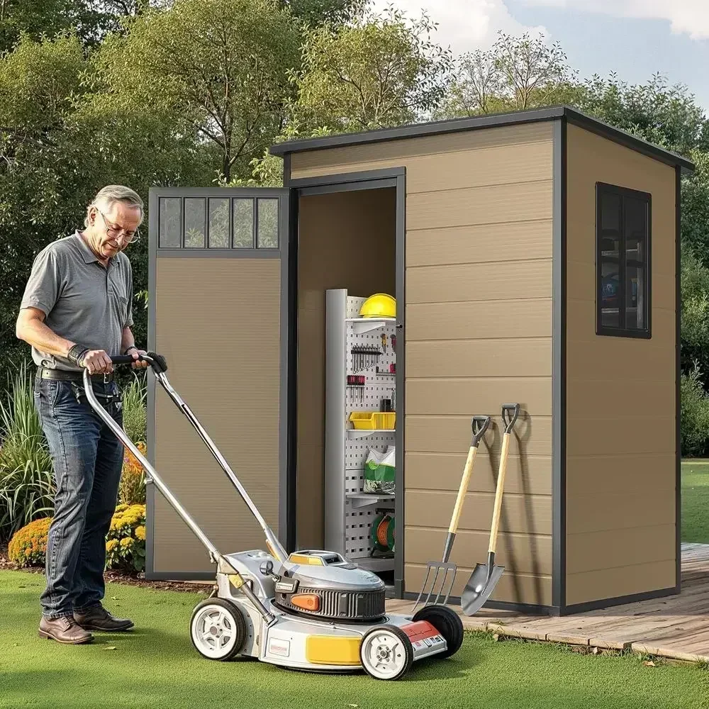 Brown 5x3 Outdoor Storage Shed with Gable Roof, Side Windows, Floor, and Lockable Door for Plastic Storage in Backyard and Garde