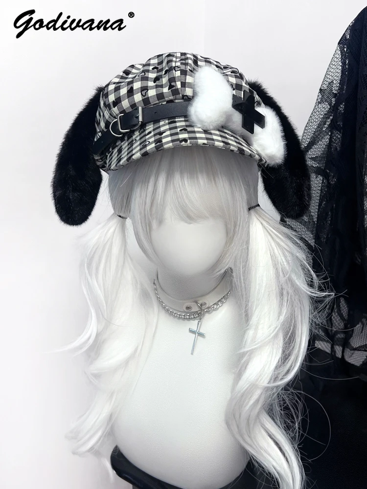 Original Subculture Puppy Bone Hat Cute Y2K Girls Plaid Beret Autumn and Winter Women's Lolita Handmade Hats