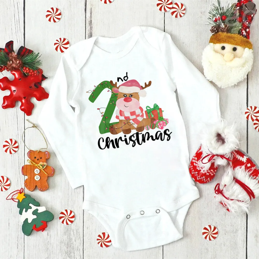 2nd Christmas Deer Printed Baby Romper Boys Girls Xmas Party Outfit Toddler Long Sleeve Bodysuit Child Winter Holiday Jumpsuit