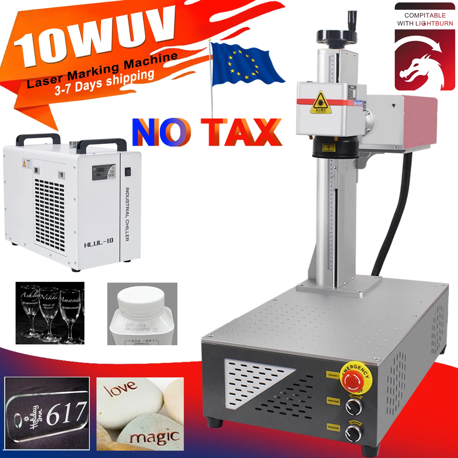 10W UV 355nm Laser Marking Machine UV 5W 355nm Non-Metal Engraver for Glass/Wood/PVC/Stainless Steel/Plastic Leather EU STOCK