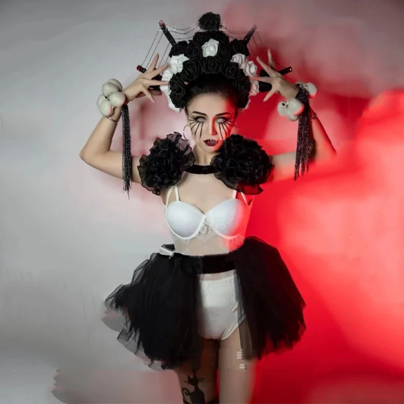 مثير العنكبوت الجمجمة أغطية الرأس الأبيض ارتداءها تنورة هالوين حفلة جوجو زي ملهى ليلي Dj Ds القطب الرقص الهذيان الزي XS5324